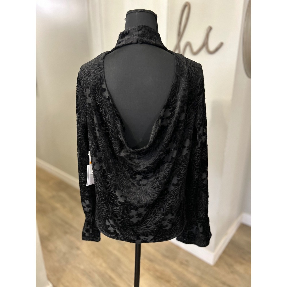 NWT 1 STATE Black Burnout Velvet Mock Neck Ruffle Cuff Open Back Top Small $89‎ - Picture 2 of 7
